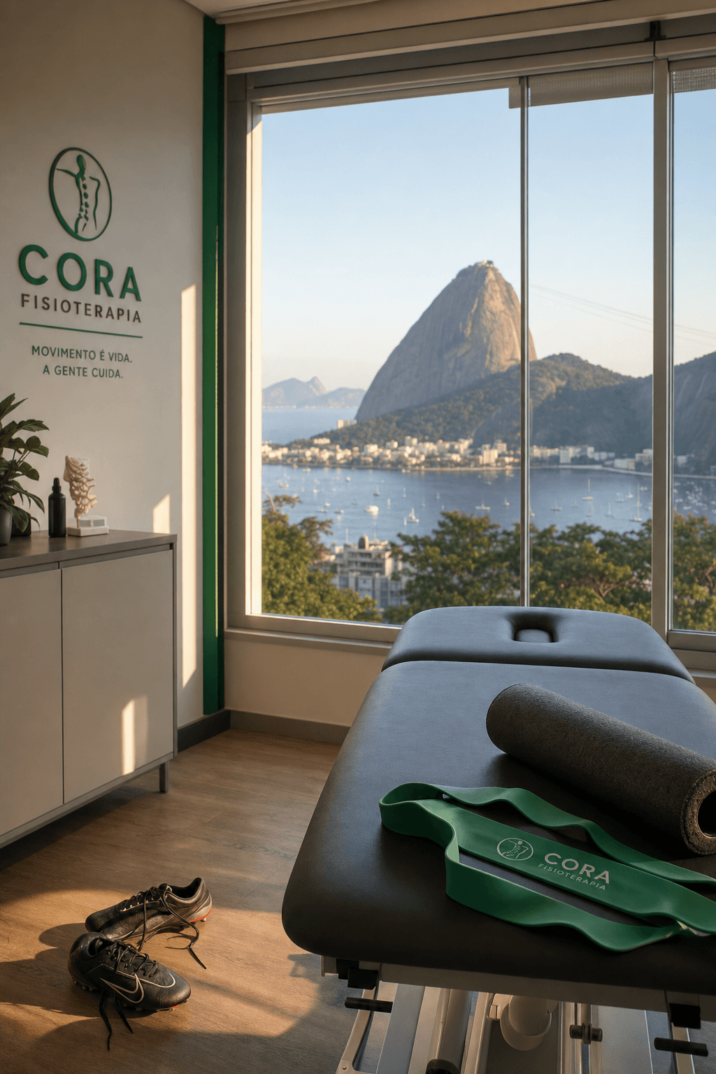 F10 Fisio clinic interior with Sugarloaf Mountain view through window, treatment table with resistance band and foam roller, football boot on the floor, warm afternoon winter light