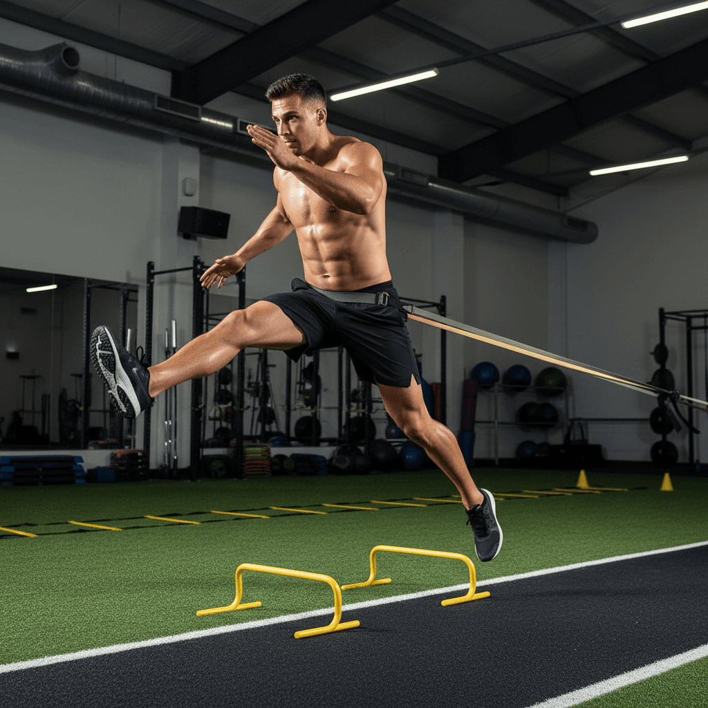 Football player performing dynamic movement training