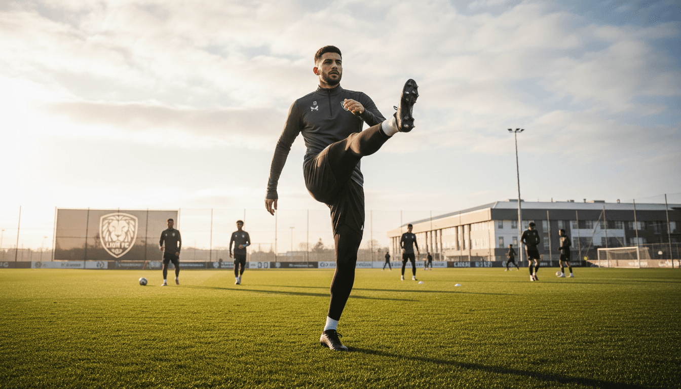 Professional footballer athlete warming up preparing for training session