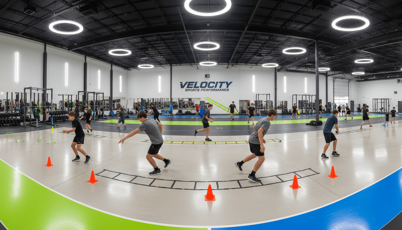 Football player in motion during on-field agility drill with training cones and markers