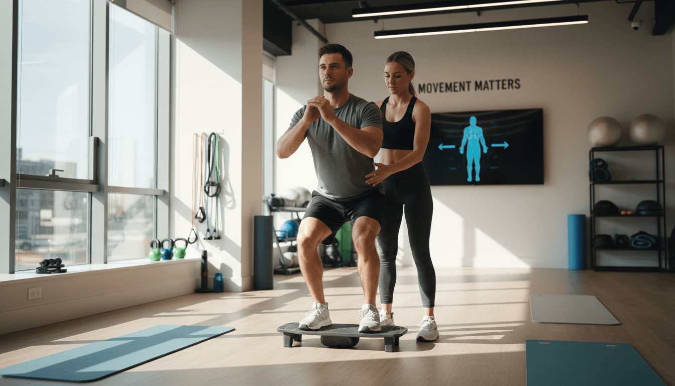 Athlete performing balance and proprioception training on unstable surface in rehabilitation session